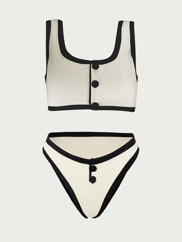 black square neck contrast panel bikini set — view 3