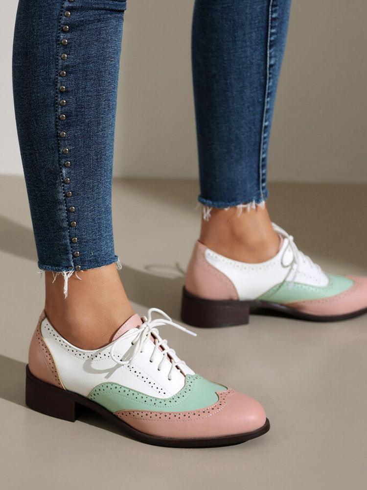 Pink Round-Toe Lace-Up Contrast Panel Heels — view 6