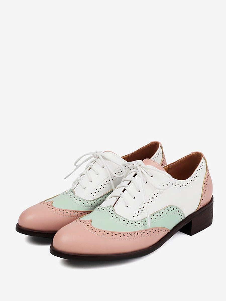 Pink Round-Toe Lace-Up Contrast Panel Heels — view 1