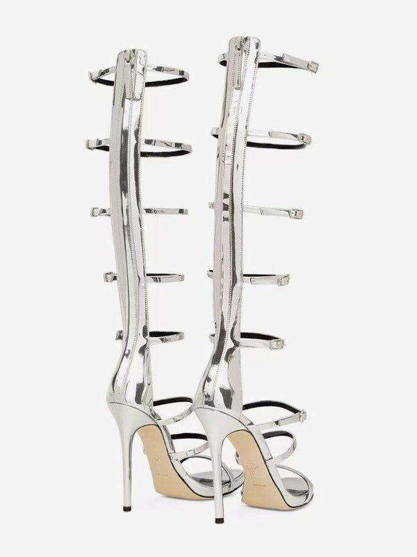 gold open toe buckle knee high gladiator sandals — view 4