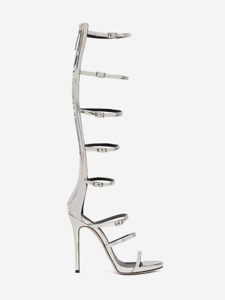 gold open toe buckle knee high gladiator sandals — view 5