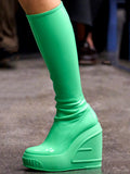 green round toe wedge stretch panel knee high boots — view 6