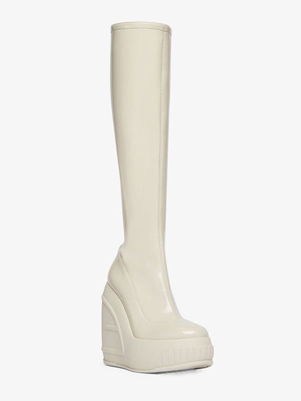 Green Round-Toe Wedge Stretch Panel Knee-High Boots — view 2