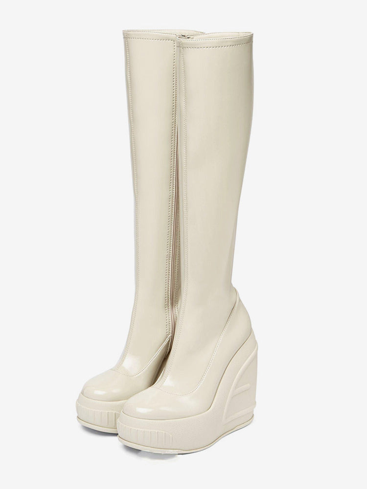 green round toe wedge stretch panel knee high boots — view 1