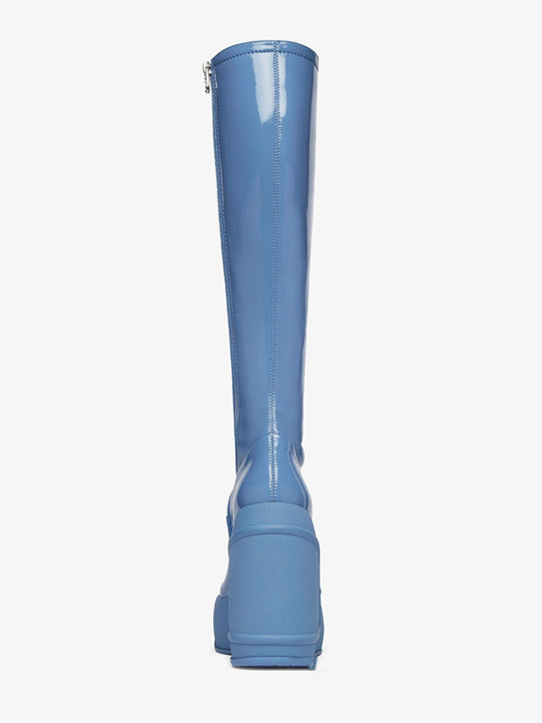 Green Round-Toe Wedge Stretch Panel Knee-High Boots — view 4