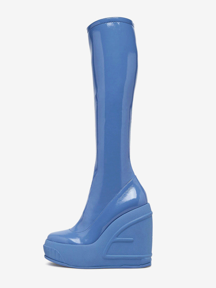 Green Round-Toe Wedge Stretch Panel Knee-High Boots — view 3