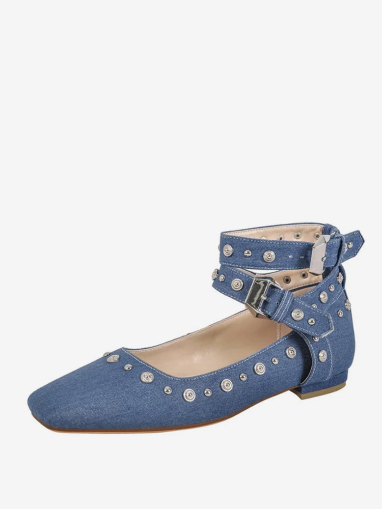 sky blue pointed toe ankle strap ballet flats — view 5