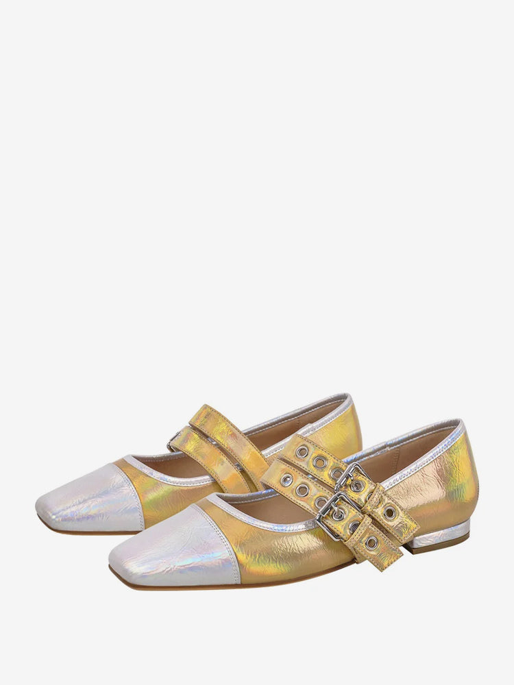 split colour square toe buckle ballet flats — view 1