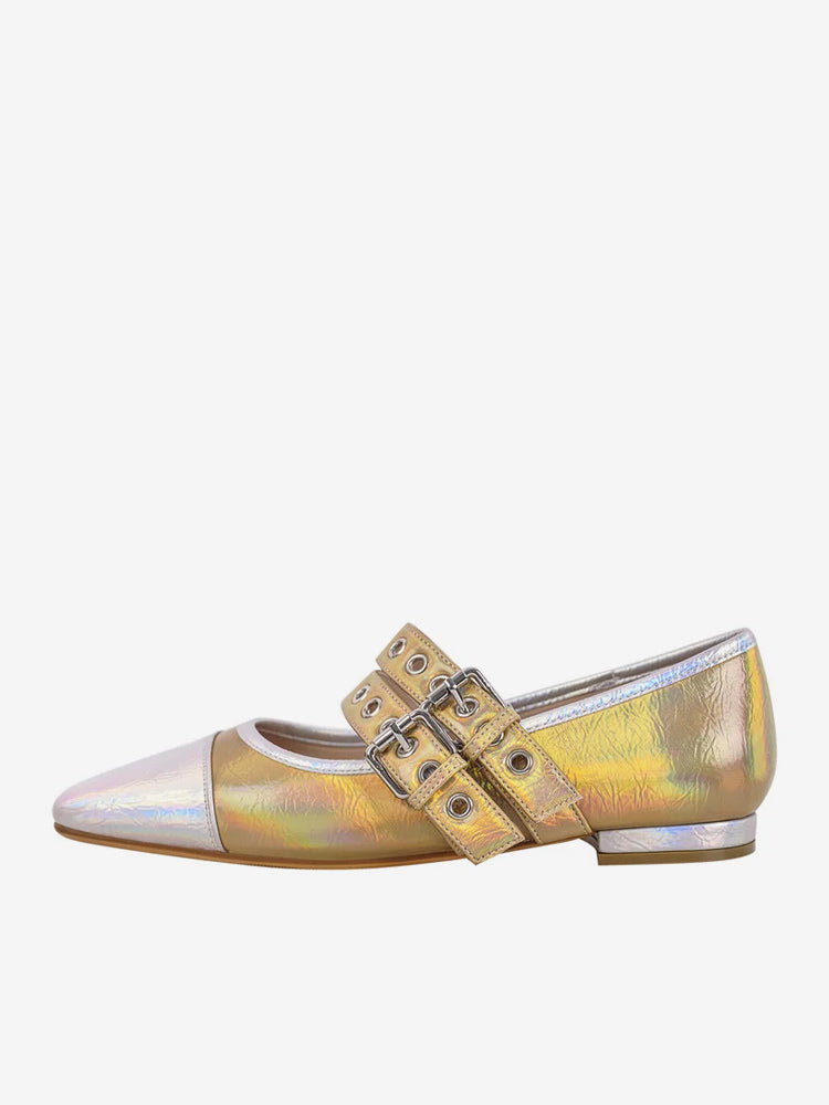 split colour square toe buckle ballet flats — view 2