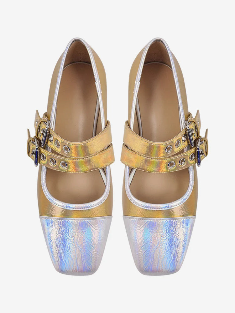 split colour square toe buckle ballet flats — view 4