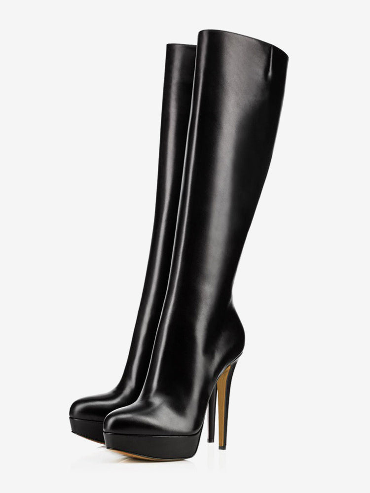 Red Round-Toe Platform Knee-High Boots — view 2