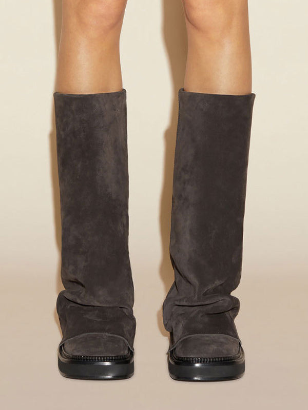 brown round toe knee high ruched boots — view 5
