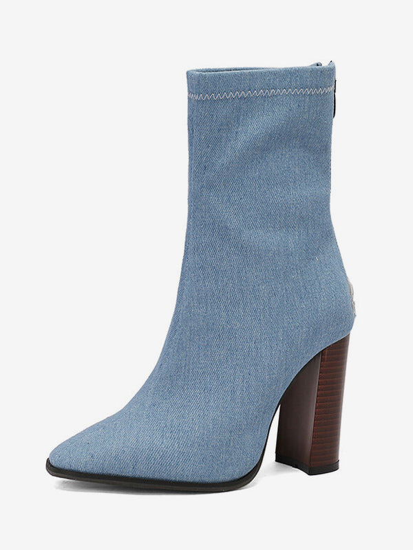 sky blue pointed toe block heel ankle boots — view 5
