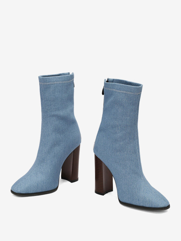 sky blue pointed toe block heel ankle boots — view 6