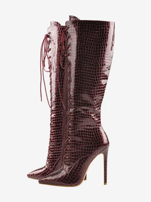 leopard print pointed toe stiletto lace up knee high boots — view 4