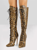 Leopard Print Pointed-Toe Stiletto Lace-Up Knee-High Boots — view 1