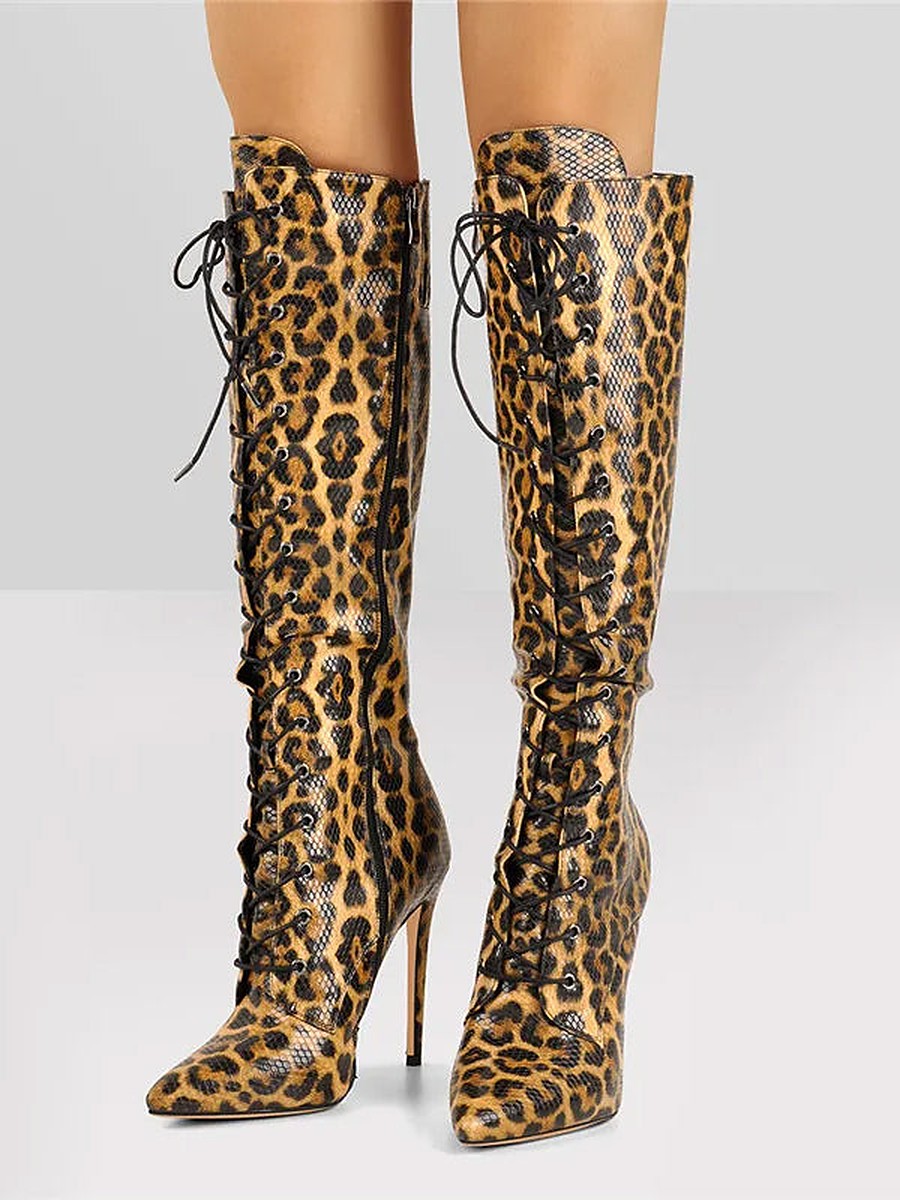 Leopard Print Pointed-Toe Stiletto Lace-Up Knee-High Boots — view 1