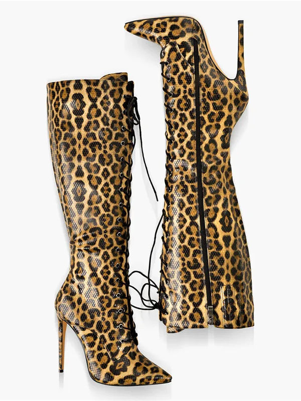 leopard print pointed toe stiletto lace up knee high boots — view 2