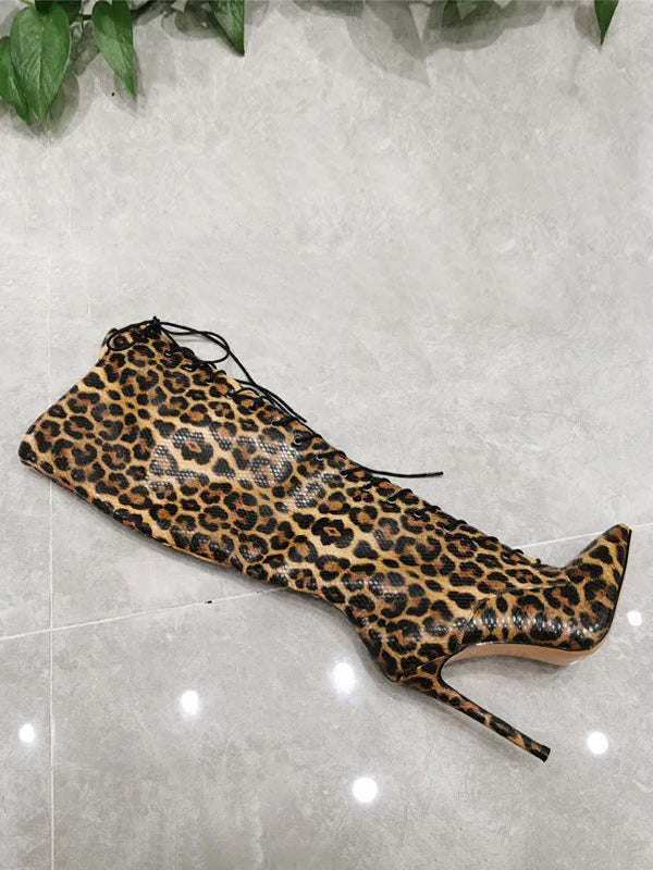leopard print pointed toe stiletto lace up knee high boots — view 3