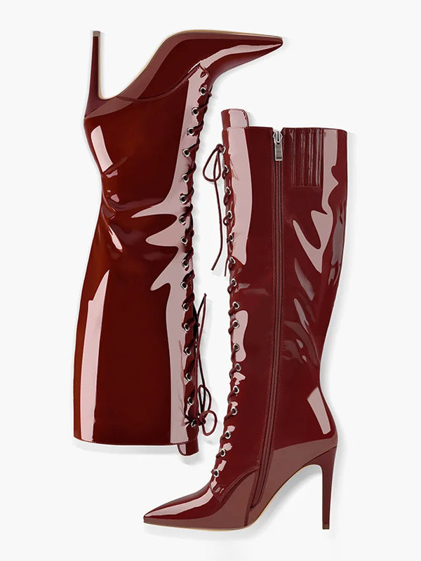 leopard print pointed toe stiletto lace up knee high boots — view 7