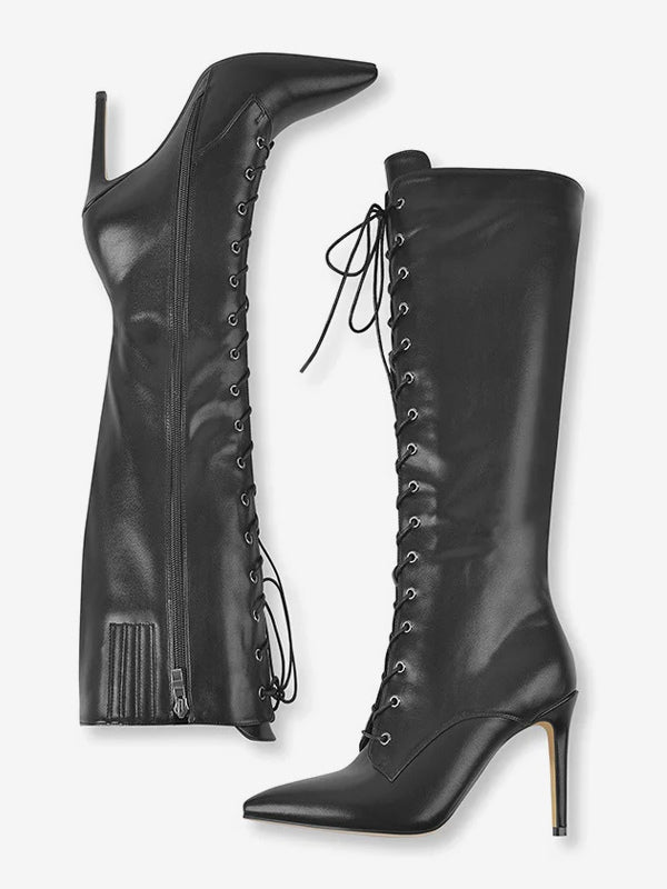 Leopard Print Pointed-Toe Stiletto Lace-Up Knee-High Boots — view 6