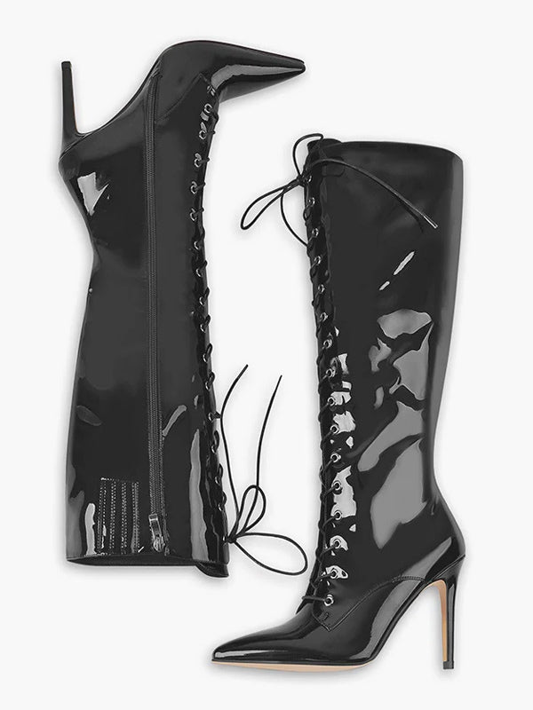 leopard print pointed toe stiletto lace up knee high boots — view 5