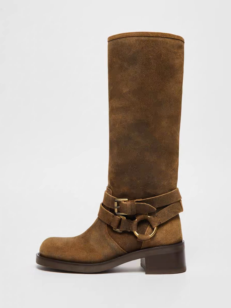 brown square toe buckle suede effect boots — view 1