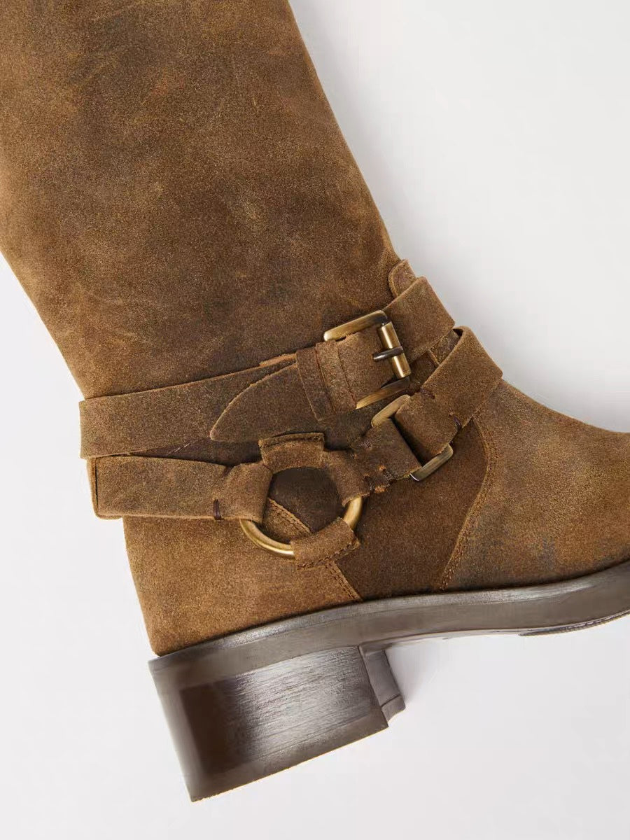 brown square toe buckle suede effect boots — view 4