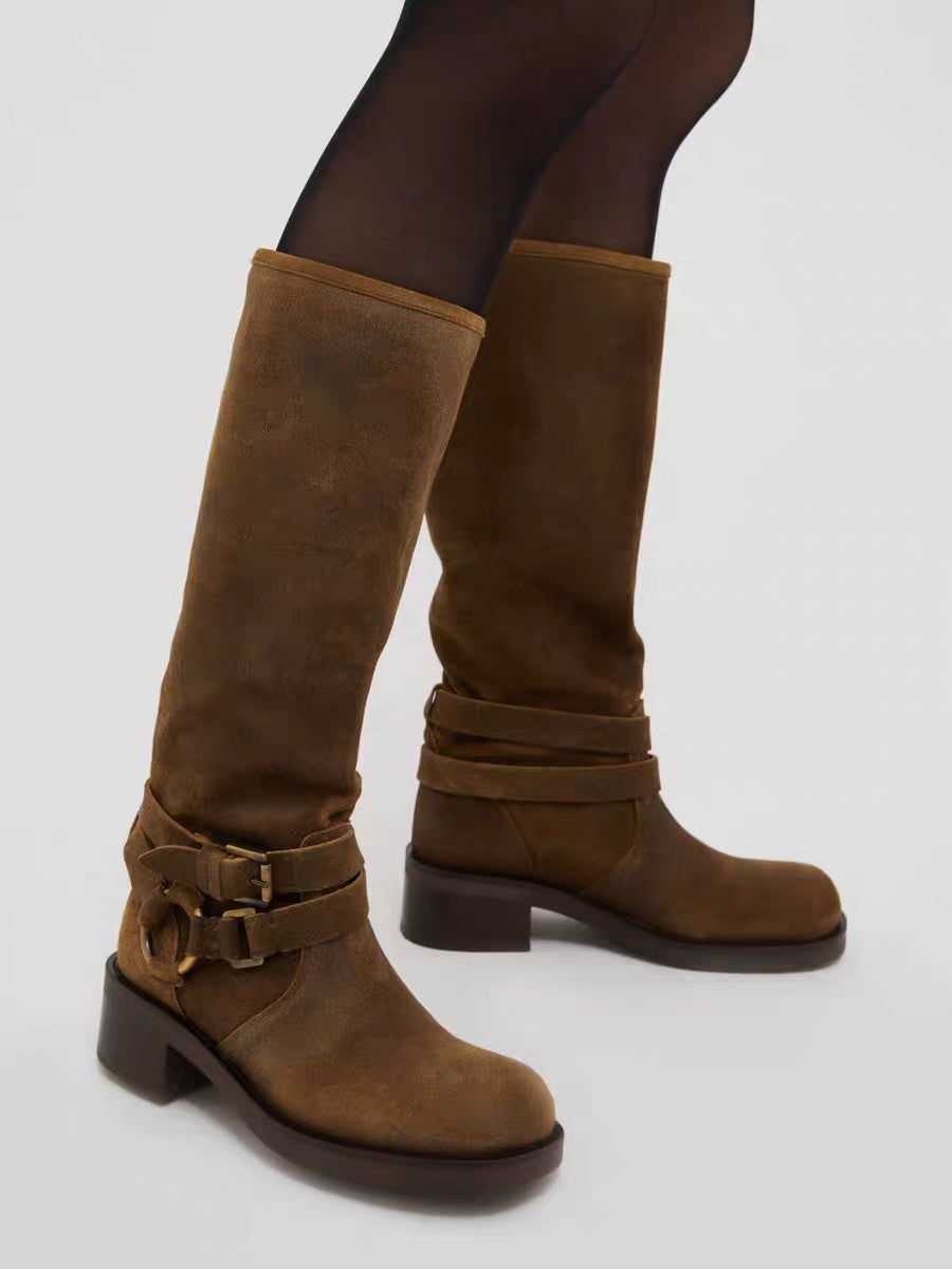 Brown Square-Toe Buckle Suede-Effect Boots — view 3