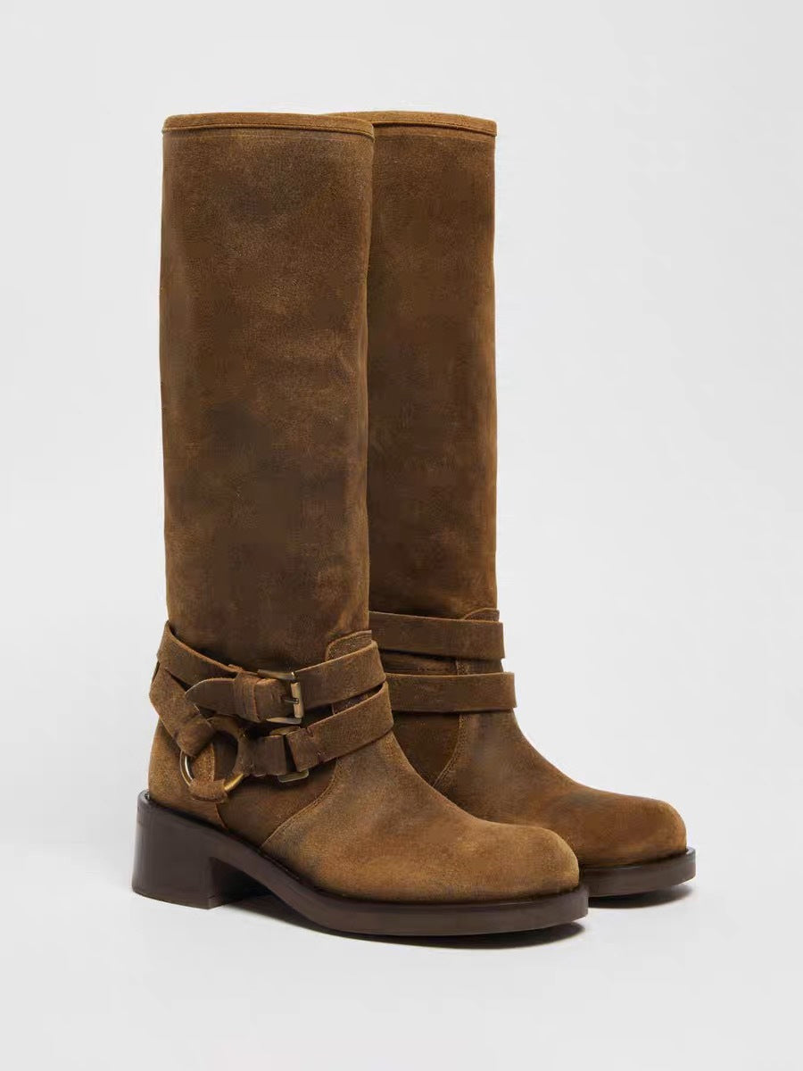 Brown Square-Toe Buckle Suede-Effect Boots — view 2
