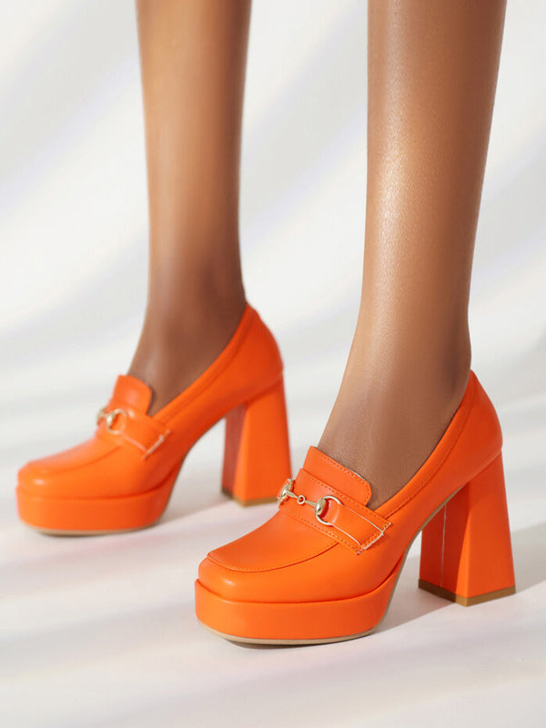 Orange Red Platform Block Heel Loafers — view 7