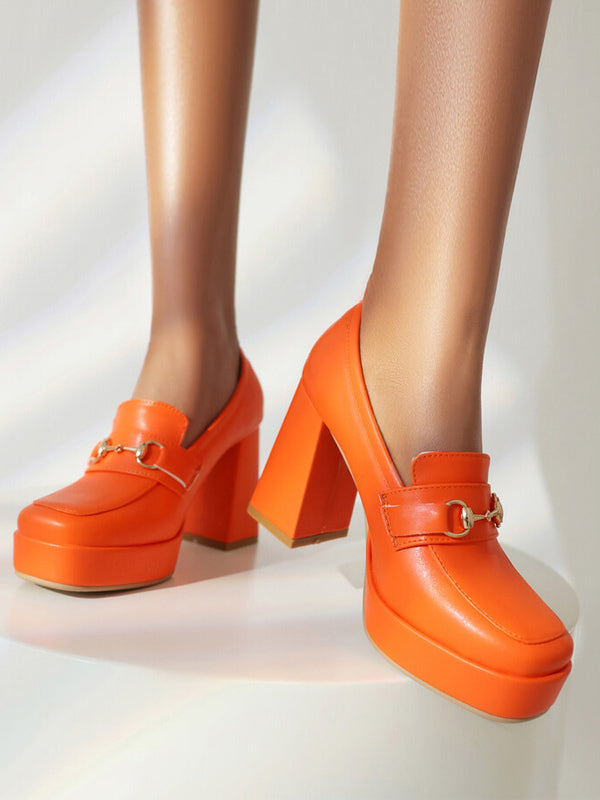 Orange Red Platform Block Heel Loafers — view 9