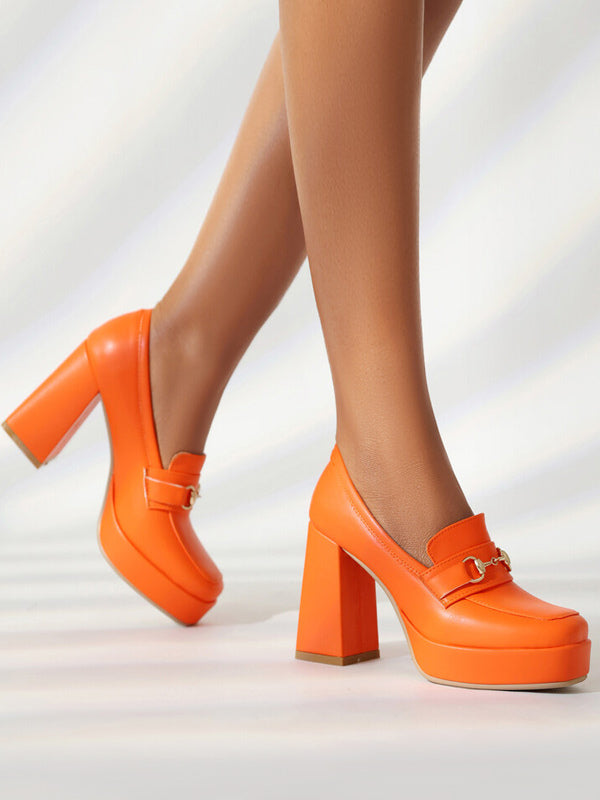 orange red platform block heel loafers — view 8
