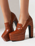Brown Platform Block Heel Slip-On Loafers — view 1