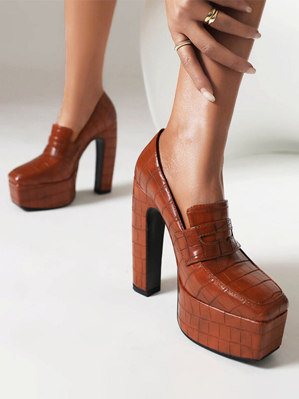 brown platform block heel slip on loafers — view 3