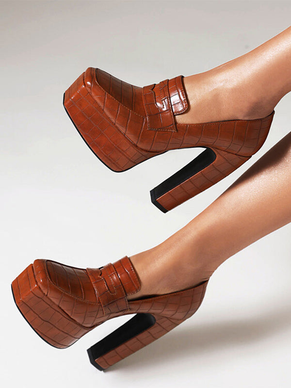 Brown Platform Block Heel Slip-On Loafers — view 2