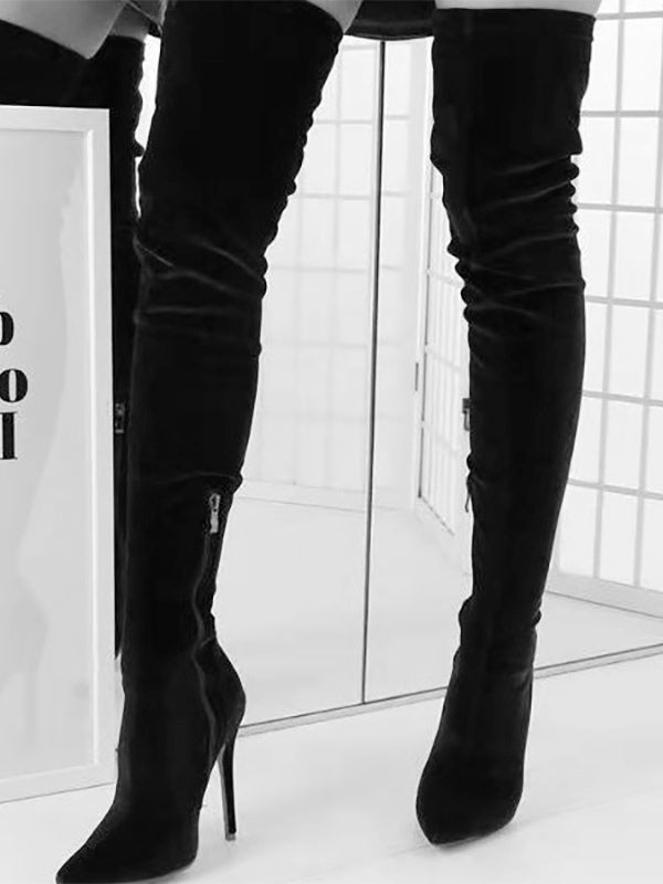 Green Pointed-Toe Velvet Over-The-Knee Boots — view 5