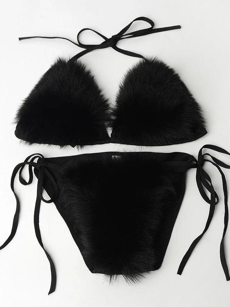 purple faux fur bikini set — view 5