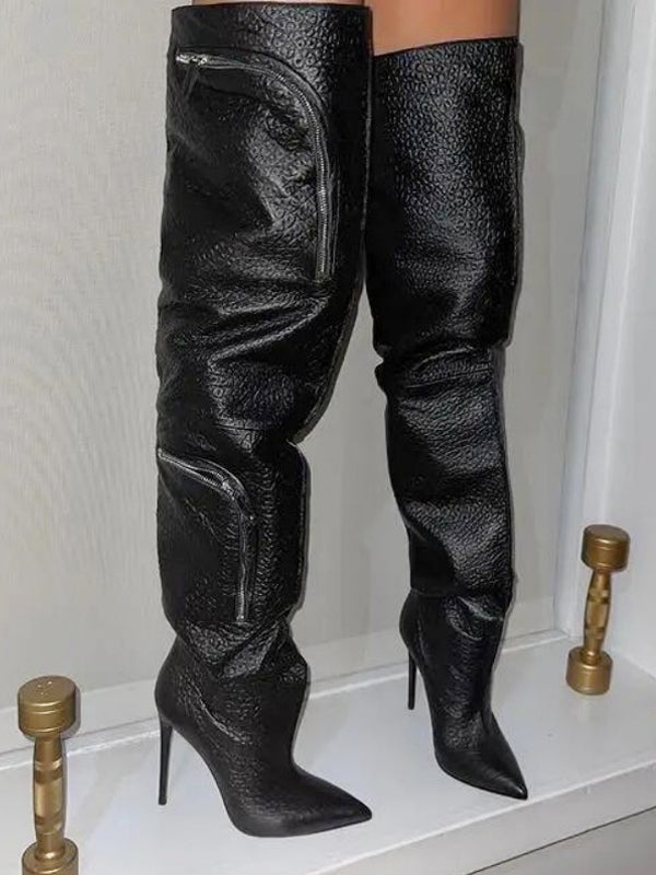 Grey Pointed-Toe Pockets Over-The-Knee Boots — view 4