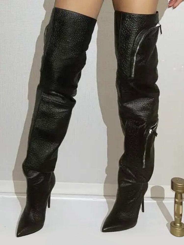 Grey Pointed-Toe Pockets Over-The-Knee Boots — view 3