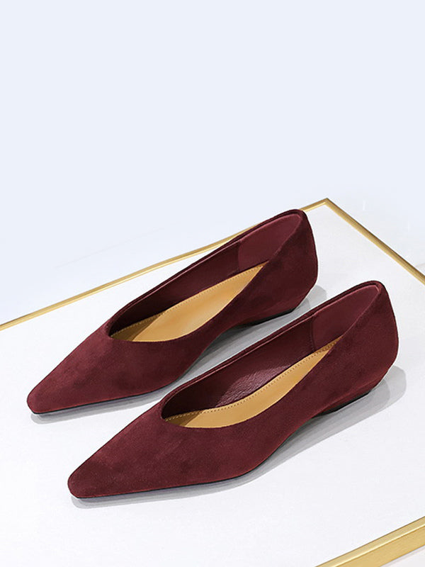 burgundy pointed toe suede effect ballet flats — view 1