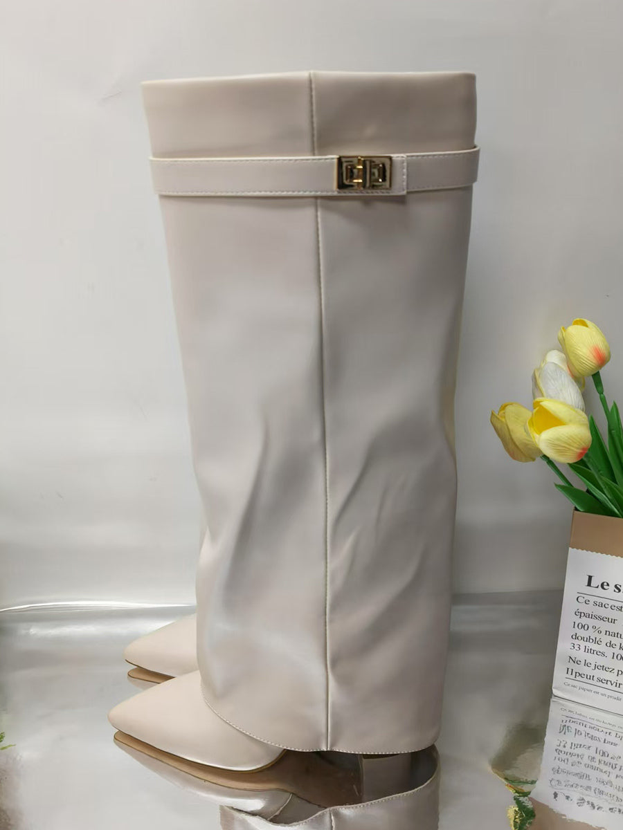 ivory pointed toe block heel buckle knee high boots — view 8