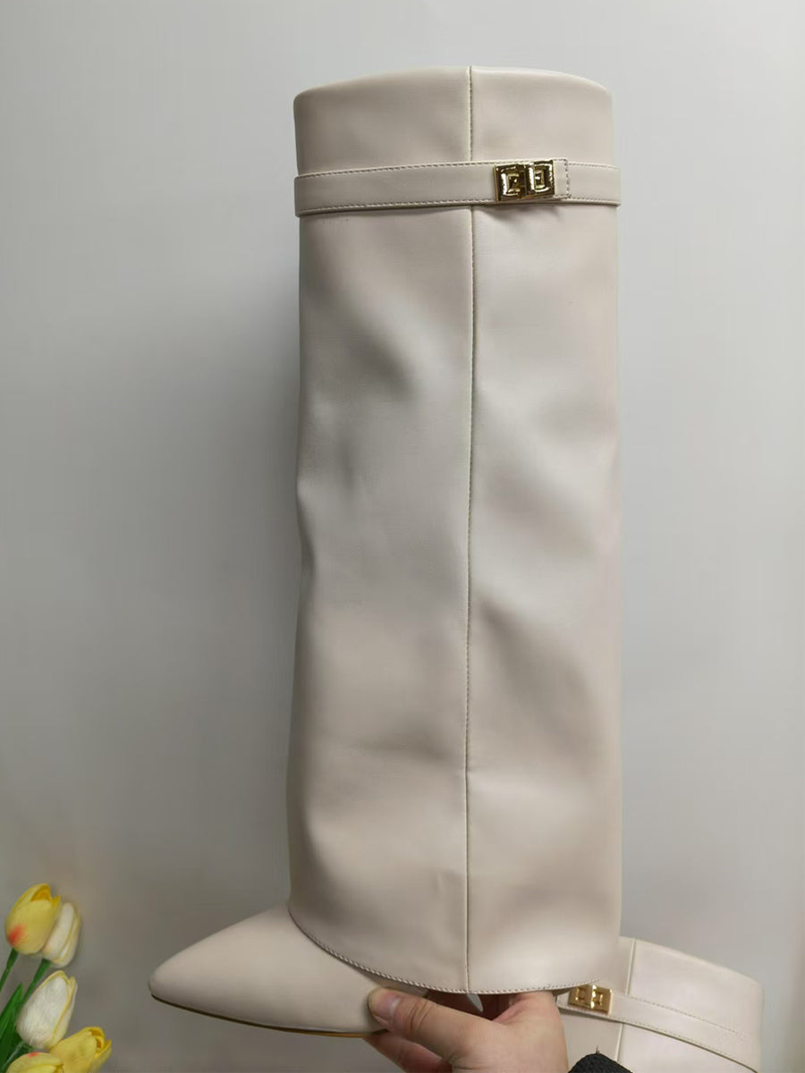 ivory pointed toe block heel buckle knee high boots — view 7