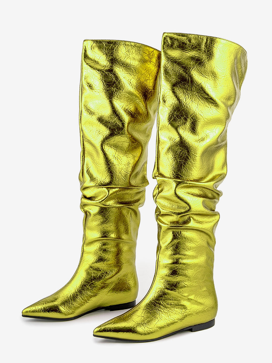 Gold Pointed-Toe Metallic Knee-High Boots — view 11