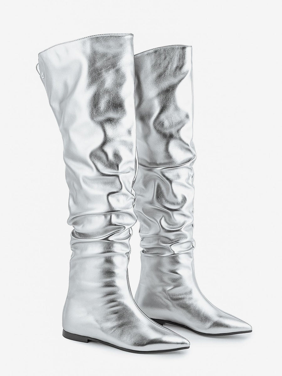 gold pointed toe metallic knee high boots — view 2
