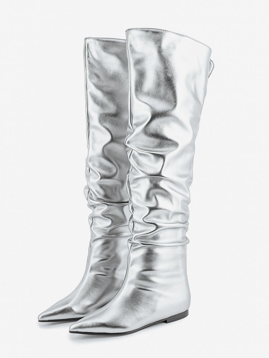 gold pointed toe metallic knee high boots — view 1