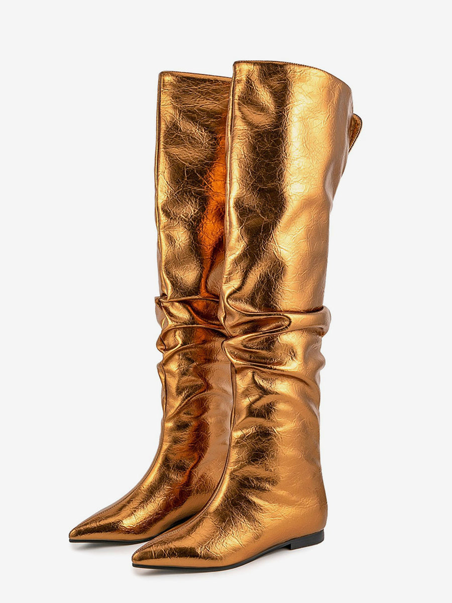 gold pointed toe metallic knee high boots — view 8