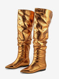 gold pointed toe metallic knee high boots — view 7