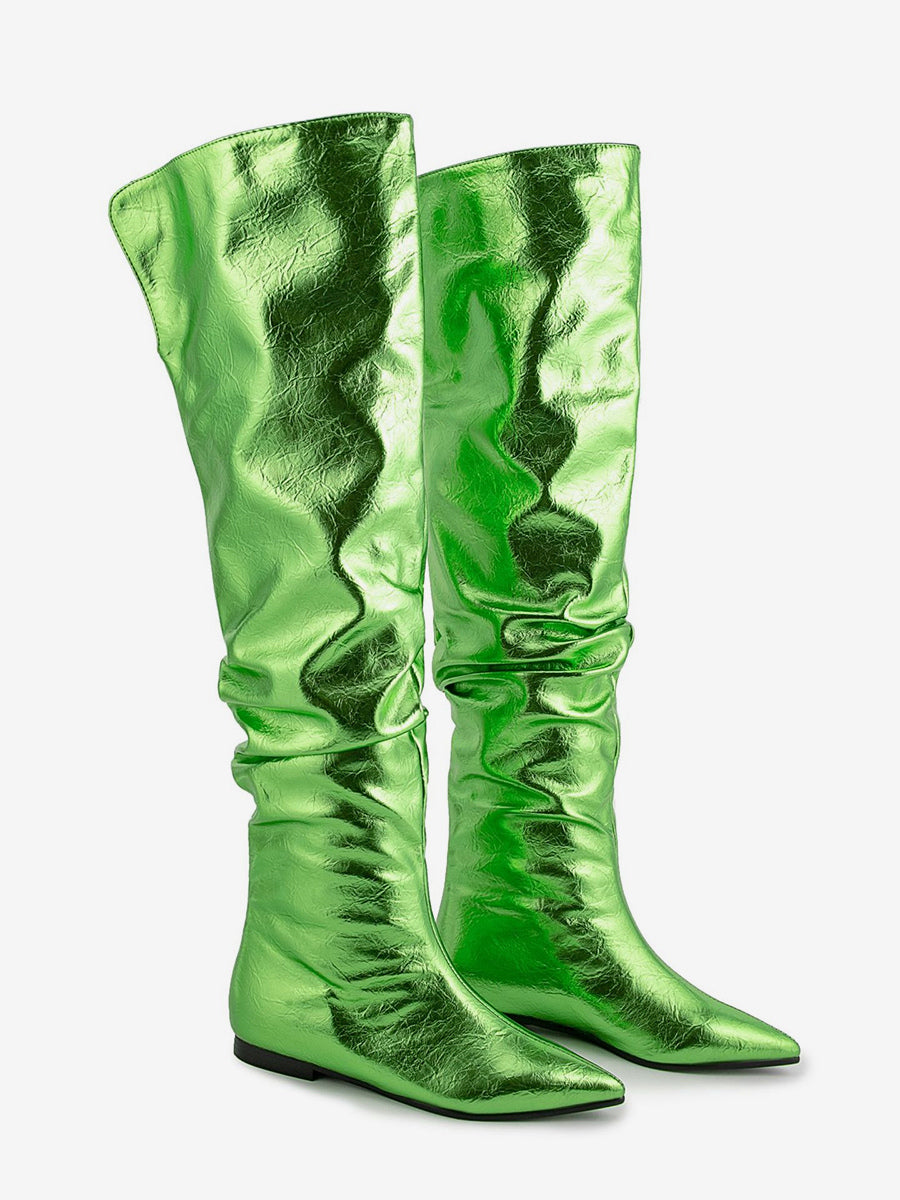Gold Pointed-Toe Metallic Knee-High Boots — view 6