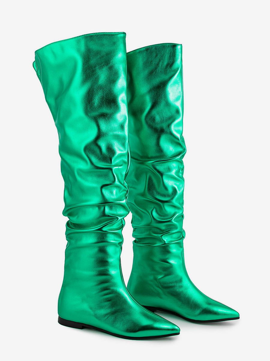 Gold Pointed-Toe Metallic Knee-High Boots — view 10